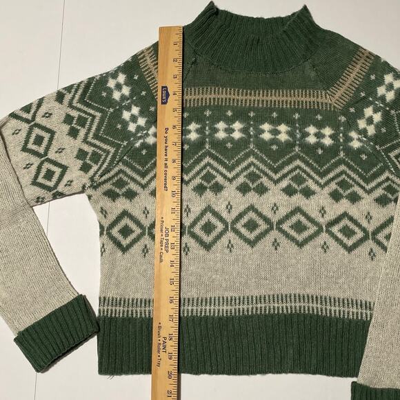 Women's Crop Sweater Fair Isle Nordic Mock Neck Sz Large Green Holiday Cabin Ski - Picture 3 of 10